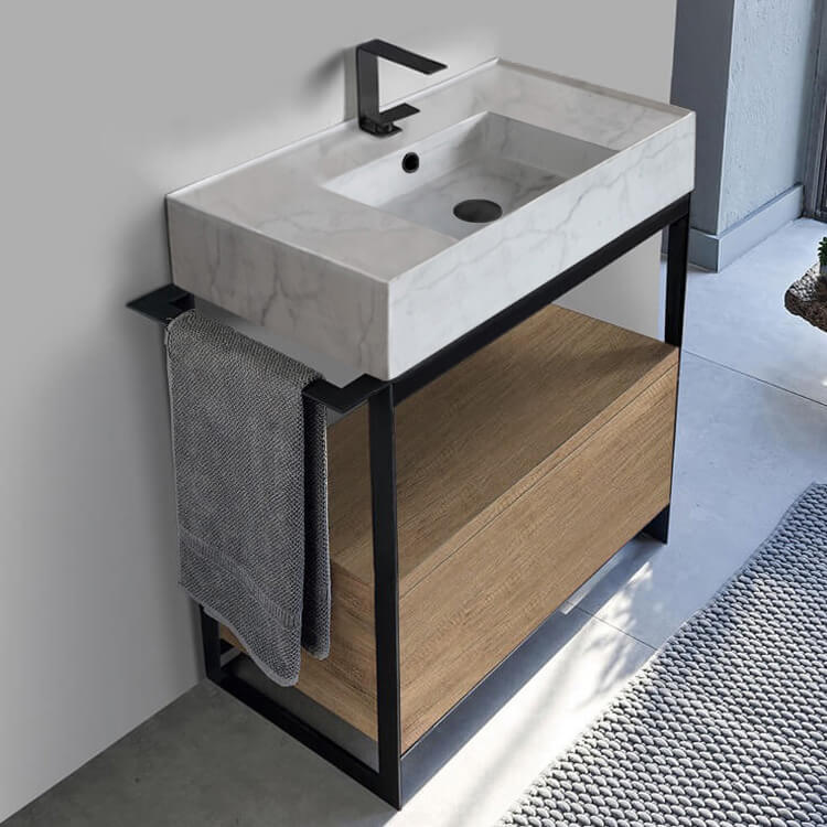 Scarabeo 5123-F-SOL1-89-One Hole Console Sink Vanity With Marble Design Ceramic Sink and Natural Brown Oak Drawer